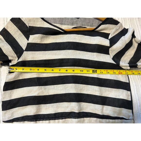 Zara Striped 100% Linen Top Black White Striped Top Gold Button Accent US/S EU/S - Picture 7 of 7